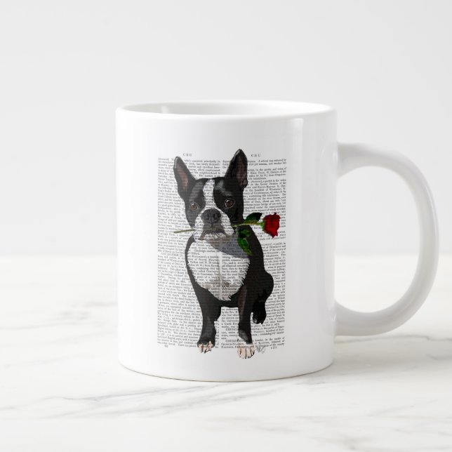 Boston Terrier with Rose in Mouth Large Coffee Mug (Right)
