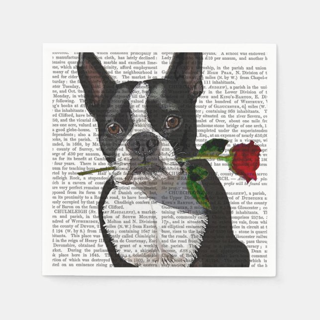 Boston Terrier with Rose in Mouth Napkin (Front)