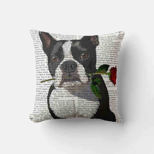 Boston Terrier with Rose in Mouth Throw Pillow (Front)