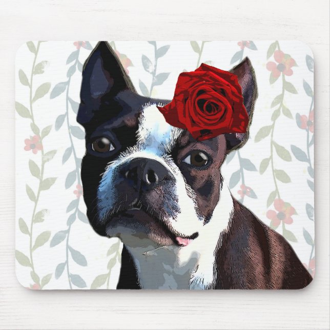 Boston Terrier with Rose on Head 2 Mouse Pad (Front)