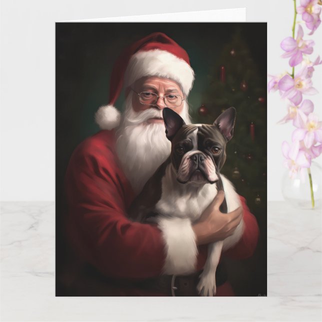 Boston Terrier With Santa Claus Festive Christmas Card (Orchid)