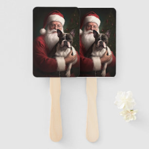Boston Terrier With Santa Claus Festive Christmas Hand Fan