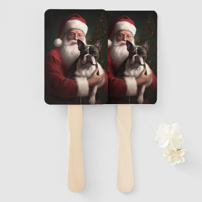 Boston Terrier With Santa Claus Festive Christmas Hand Fan (Front and Back)