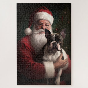 Boston Terrier With Santa Claus Festive Christmas Jigsaw Puzzle