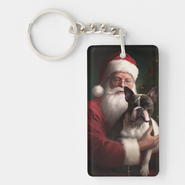 Boston Terrier With Santa Claus Festive Christmas Keychain (Front)