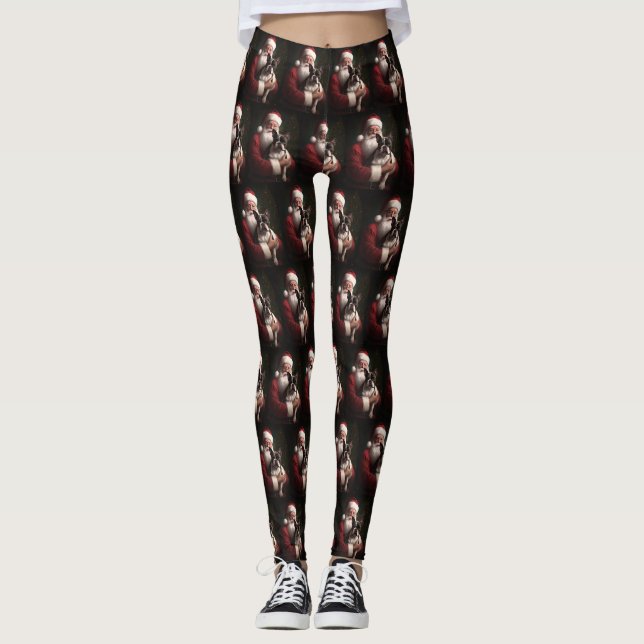 Boston Terrier With Santa Claus Festive Christmas Leggings (Front)