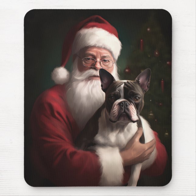 Boston Terrier With Santa Claus Festive Christmas Mouse Pad (Front)