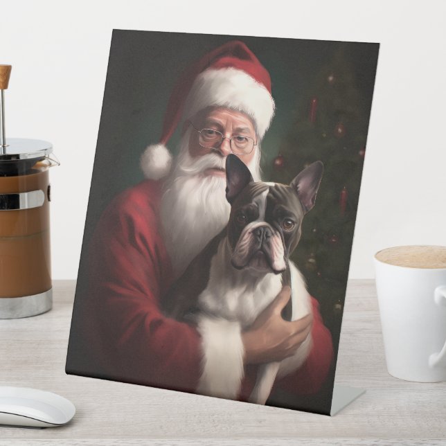 Boston Terrier With Santa Claus Festive Christmas Pedestal Sign (In SItu)