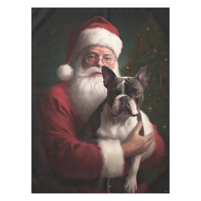 Boston Terrier With Santa Claus Festive Christmas Tablecloth (Front)