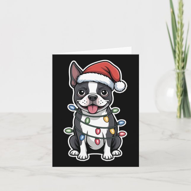 Boston Terrier Wrapped In Christmas Lights  Card (Front)