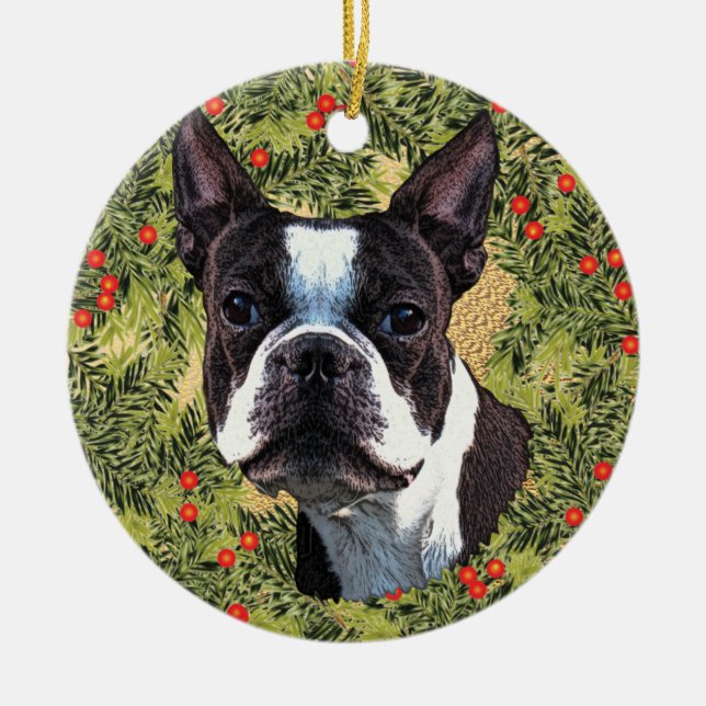 Boston Terrier Wreath Ceramic Ornament (Front)