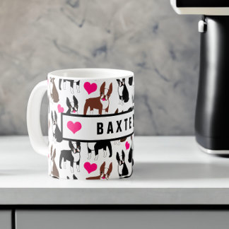 Boston Terriers and Hearts Cute Custom Name Coffee Mug
