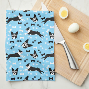 Boston Terriers Blue Dog Pattern  Kitchen Towel