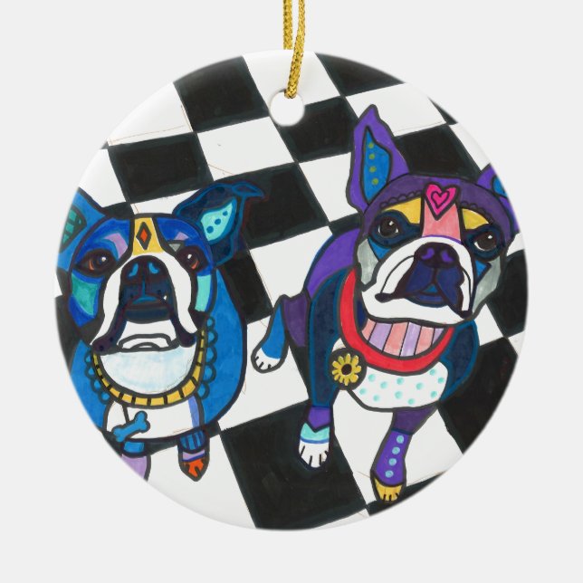 Boston Terriers by Heather Galler Ceramic Ornament (Front)