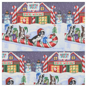 Boston Terriers Candy Cane Santa Christmas Snowman Fabric
