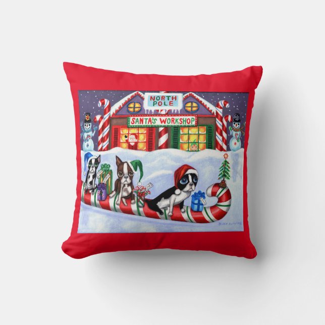 Boston Terriers Candy Cane Santa Christmas Snowman Throw Pillow (Front)