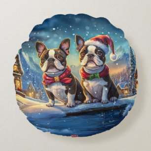 Boston Terriers Holiday Design By Rich AMeN Gill Round Pillow