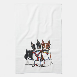 Boston Terriers Leashed Kitchen Towel