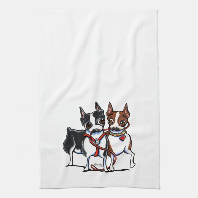 Boston Terriers Leashed Kitchen Towel (Vertical)