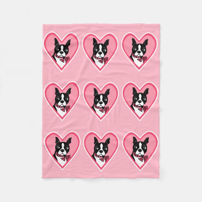 Boston Terriers Love Hearts Pattern Fleece Blanket (Front)