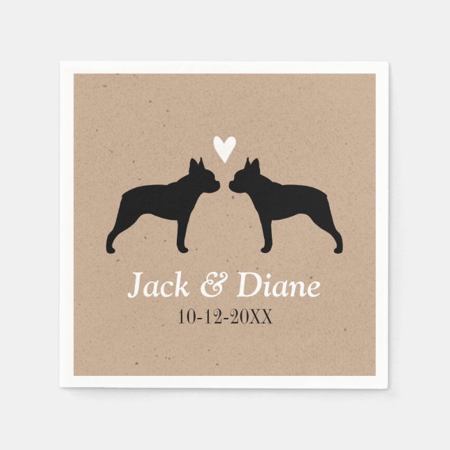Boston Terriers Wedding Couple with Custom Text Napkin (Front)