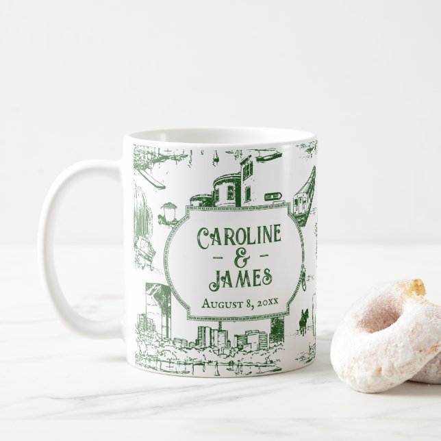 Boston Toile Forest Green Personalized Wedding Coffee Mug (With Donut)