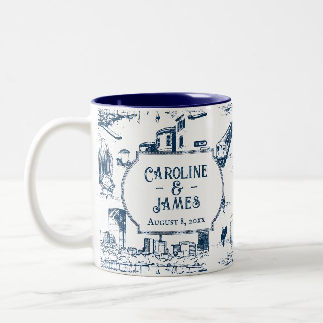 Boston Toile Navy Personalized Wedding Date Mug (Left)