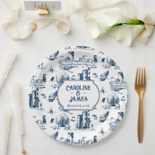 Boston Toile Navy Personalized Wedding Paper Plate