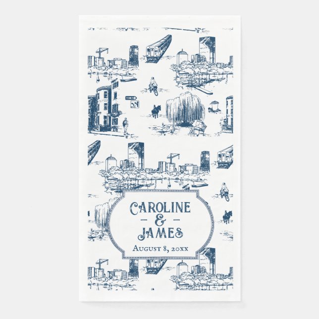 Boston Toile Navy Personalized Wedding Paper Towel Napkin (Front)