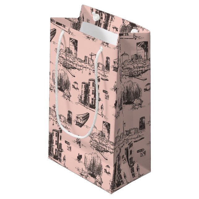 Boston Toile Pink and Black Small Gift Bag (Front Angled)