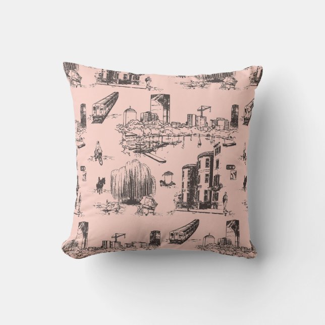 Boston Toile Pink and Black Throw Pillow (Front)