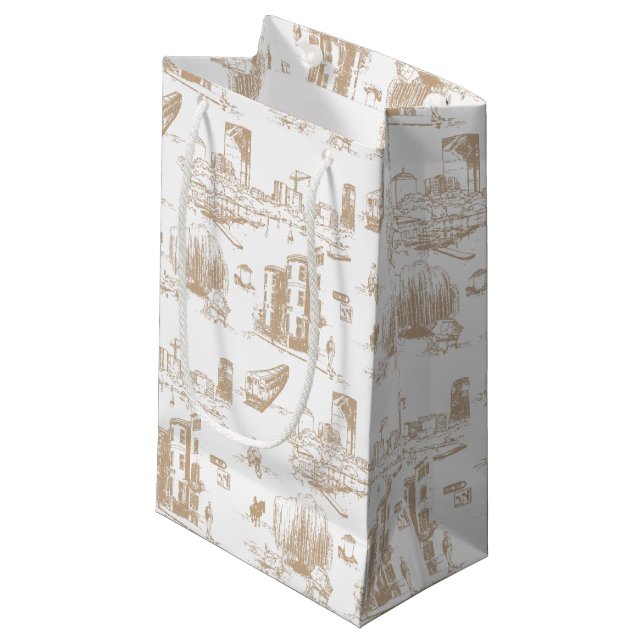 Boston Toile Tan and White Small Gift Bag (Front Angled)