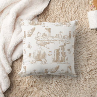 Boston Toile Tan and White Throw Pillow