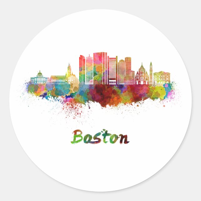 Boston V2 skyline in watercolor Classic Round Sticker (Front)