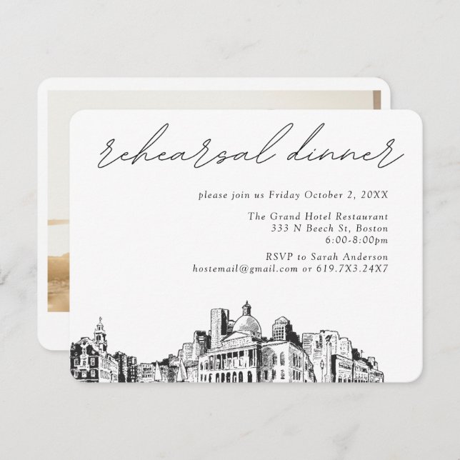 Boston Wedding Elegant Sketch Rehearsal Dinner Enclosure Card (Front/Back)