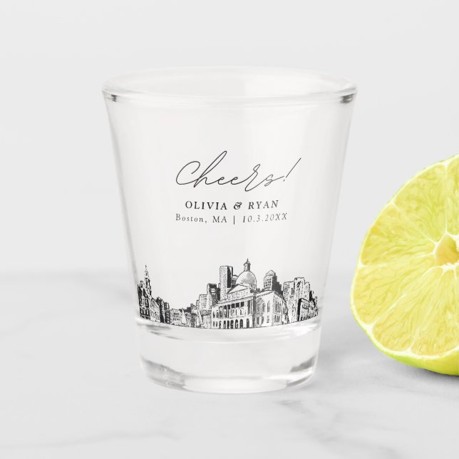 Boston Wedding Favour Personalized Cheers Shot Glass (Front)