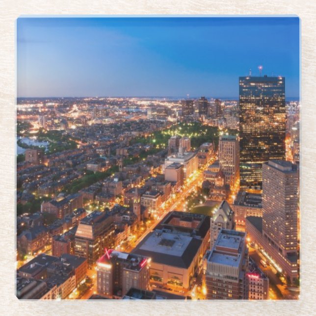 Boston's skyline at dusk glass coaster (Front)