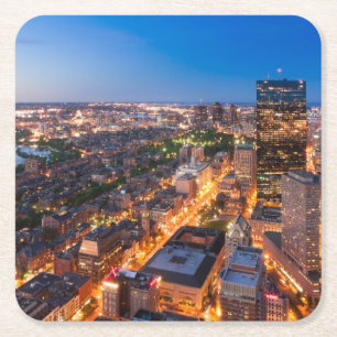 Boston's skyline at dusk square paper coaster