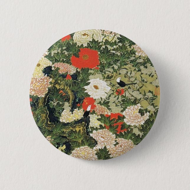 Botan Shoukinzu Colourful Floral Flowers Pattern 2 Inch Round Button (Front)