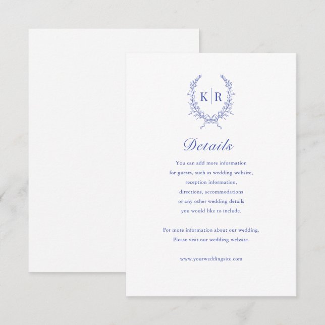 Botaniacal Crest Monogram Wedding Details Card (Front/Back)