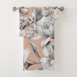 Botanic black white rose gold glitter flowers bath towel set