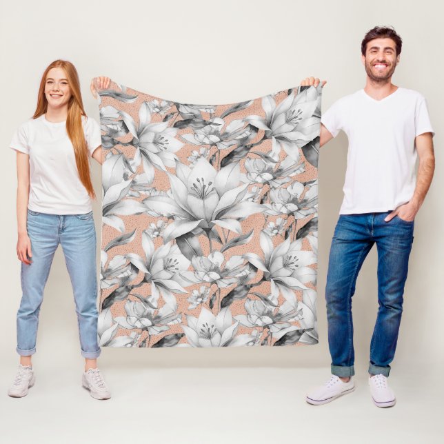 Botanic black white rose gold glitter flowers fleece blanket (In Situ)