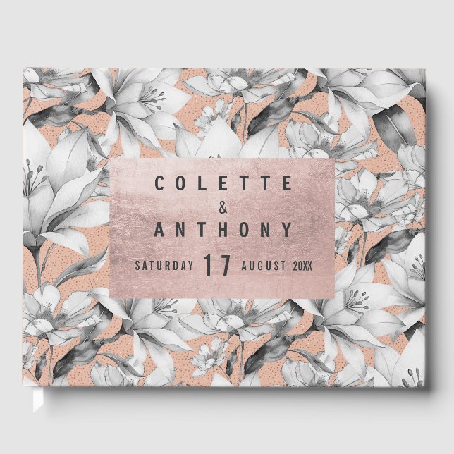 Botanic black white rose gold glitter flowers guest book (Front)