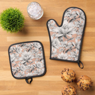Botanic black white rose gold glitter flowers oven mitt & pot holder set
