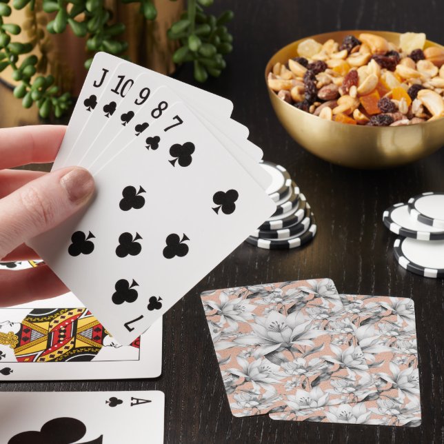 Botanic black white rose gold glitter flowers playing cards (In Situ)