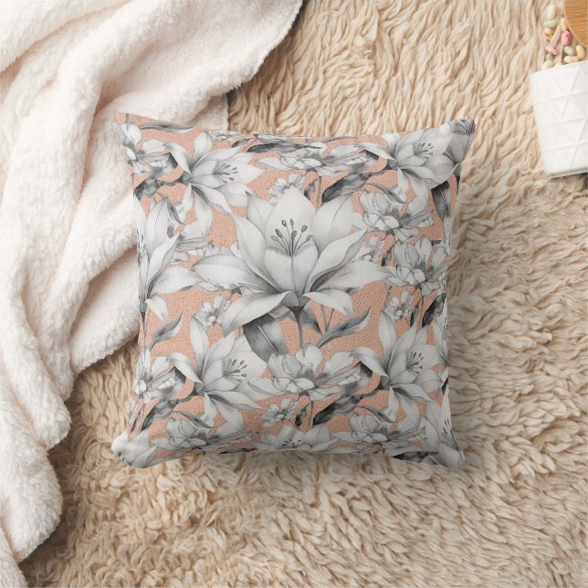 Botanic black white rose gold glitter flowers throw pillow (Blanket)