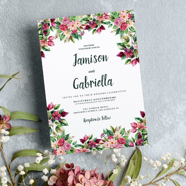 Botanic burgundy pink green floral country Wedding Invitation (Botanic burgundy pink green floral country Wedding)