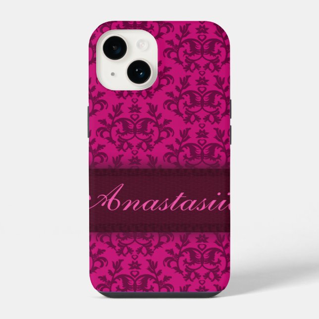 Botanic damask dark pink name  iPhone case (Back)