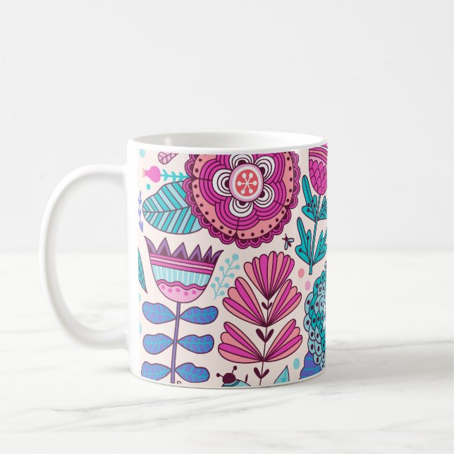 Botanic doodle flowers, seamless, vintage texture. coffee mug (Left)
