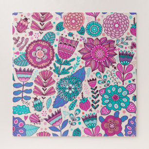 Botanic doodle flowers, seamless, vintage texture. jigsaw puzzle